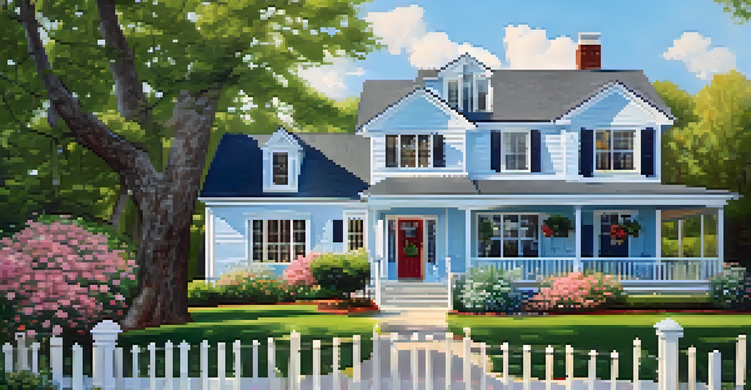 A happy couple celebrating in front of their new home with a 'Sold' sign, surrounded by a picturesque garden.