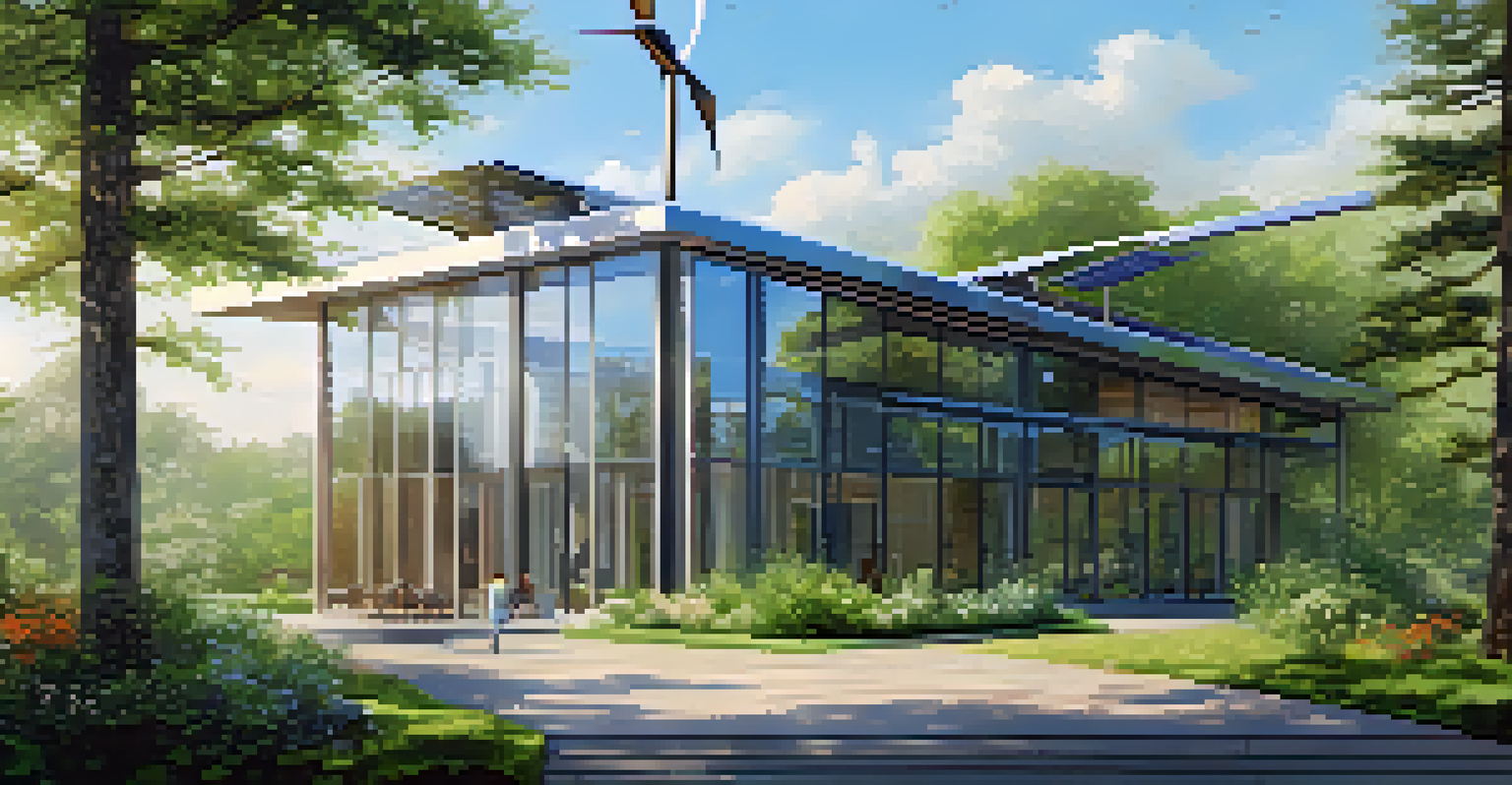 A sustainable building with solar panels and wind turbine, surrounded by greenery and natural light.