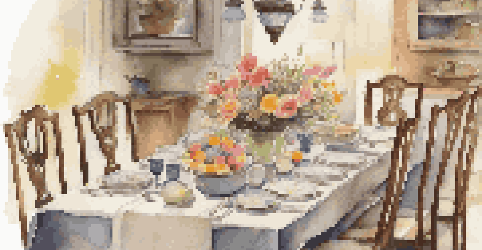A dining table set for spring with a pastel tablecloth, seasonal flowers, and mismatched vintage chairs, all illuminated by warm light.