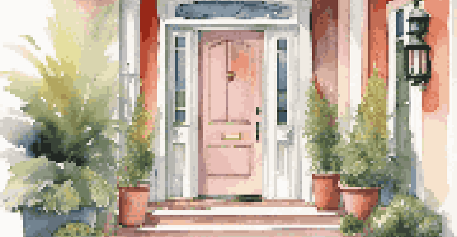 A colorful front door with a smart doorbell and keyless entry, surrounded by decorative plants and soft lighting, creating an inviting entryway.