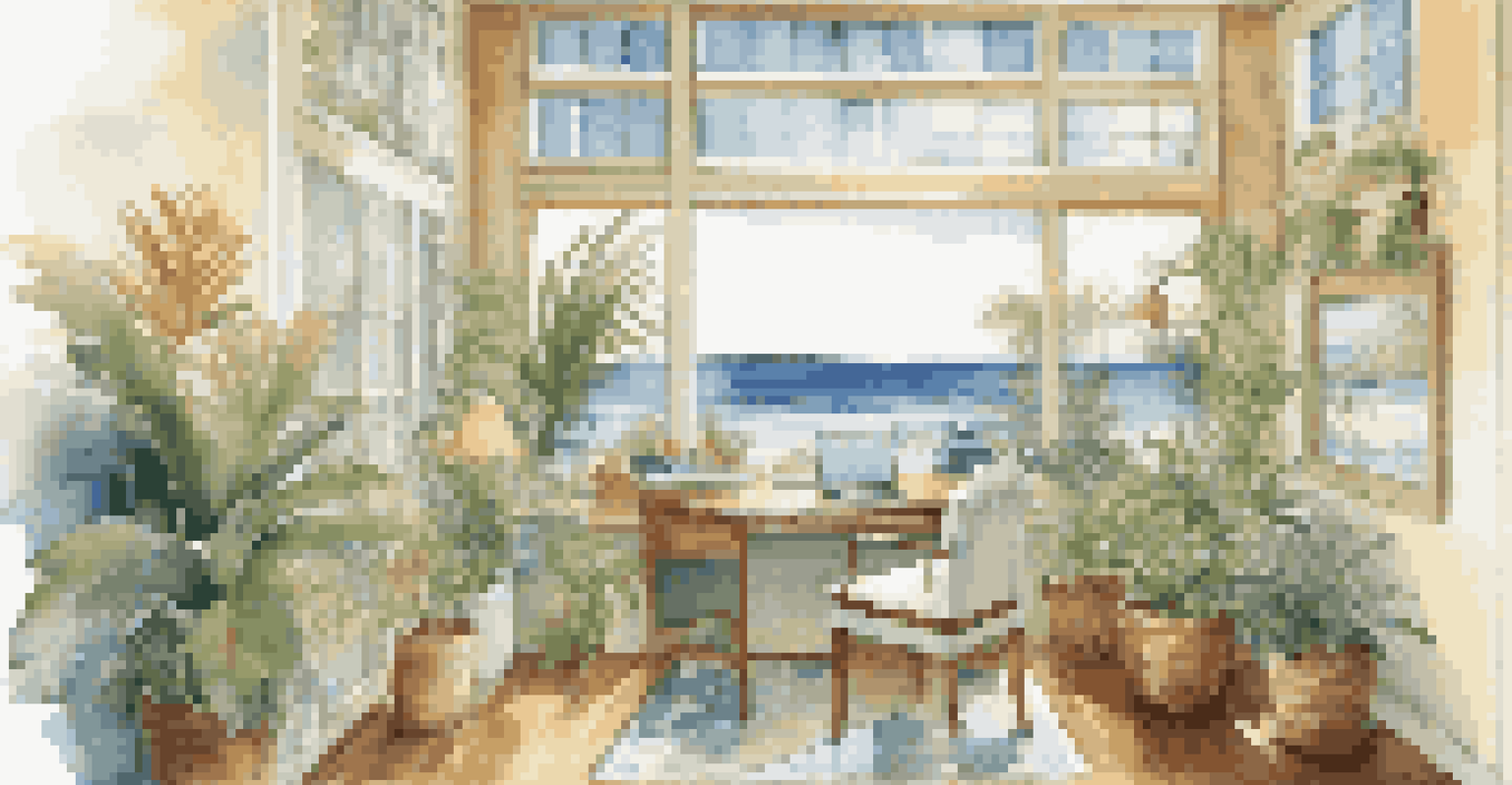 A vibrant beach rental with a workspace by a window, showcasing tropical plants and ocean views in a sunny environment.