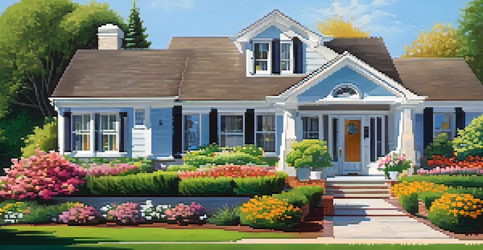 A suburban home with energy-efficient windows, colorful garden flowers, and a clear blue sky.