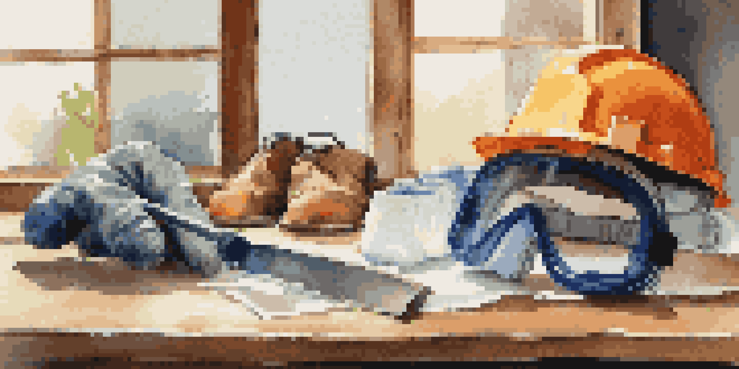 Safety gear including goggles, gloves, and a dust mask on a wooden table, illuminated by soft natural light.