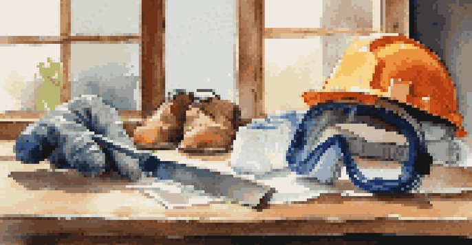 Safety gear including goggles, gloves, and a dust mask on a wooden table, illuminated by soft natural light.