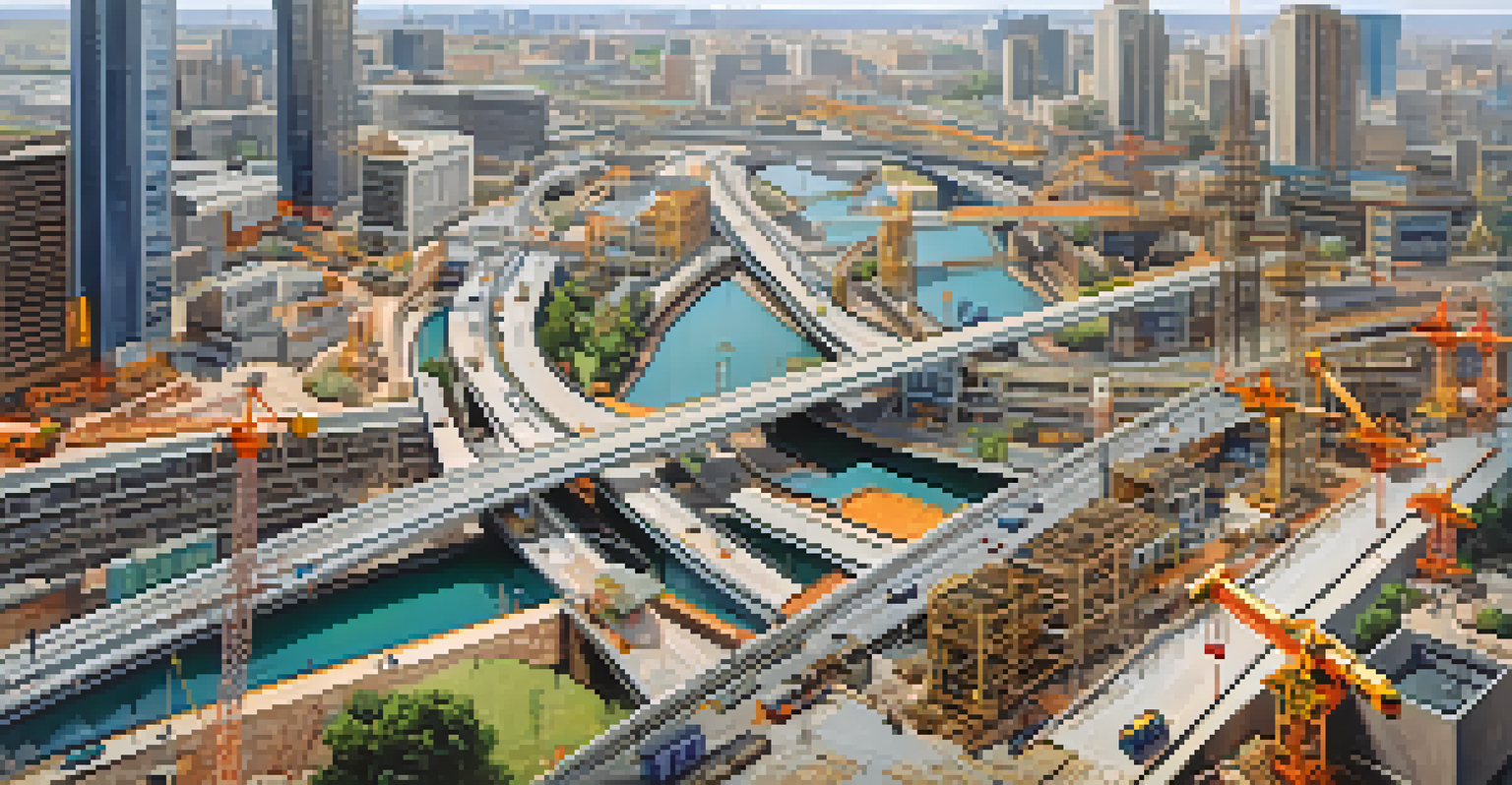 An aerial view of a developing urban area with construction activities, new roads, and public transport systems being built.