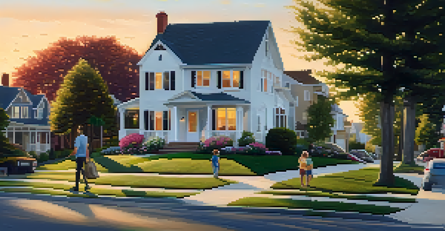A picturesque suburban neighborhood at sunset, featuring houses and a 'For Sale' sign.