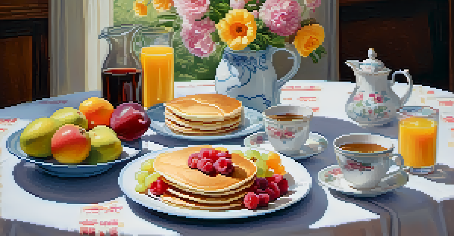 A close-up of a breakfast table with pancakes, coffee, and flowers, creating a cheerful atmosphere.