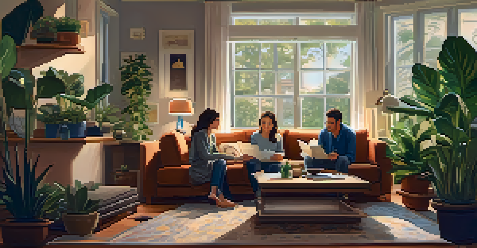 A couple sitting in a cozy living room reviewing their property inspection checklist together, surrounded by houseplants.