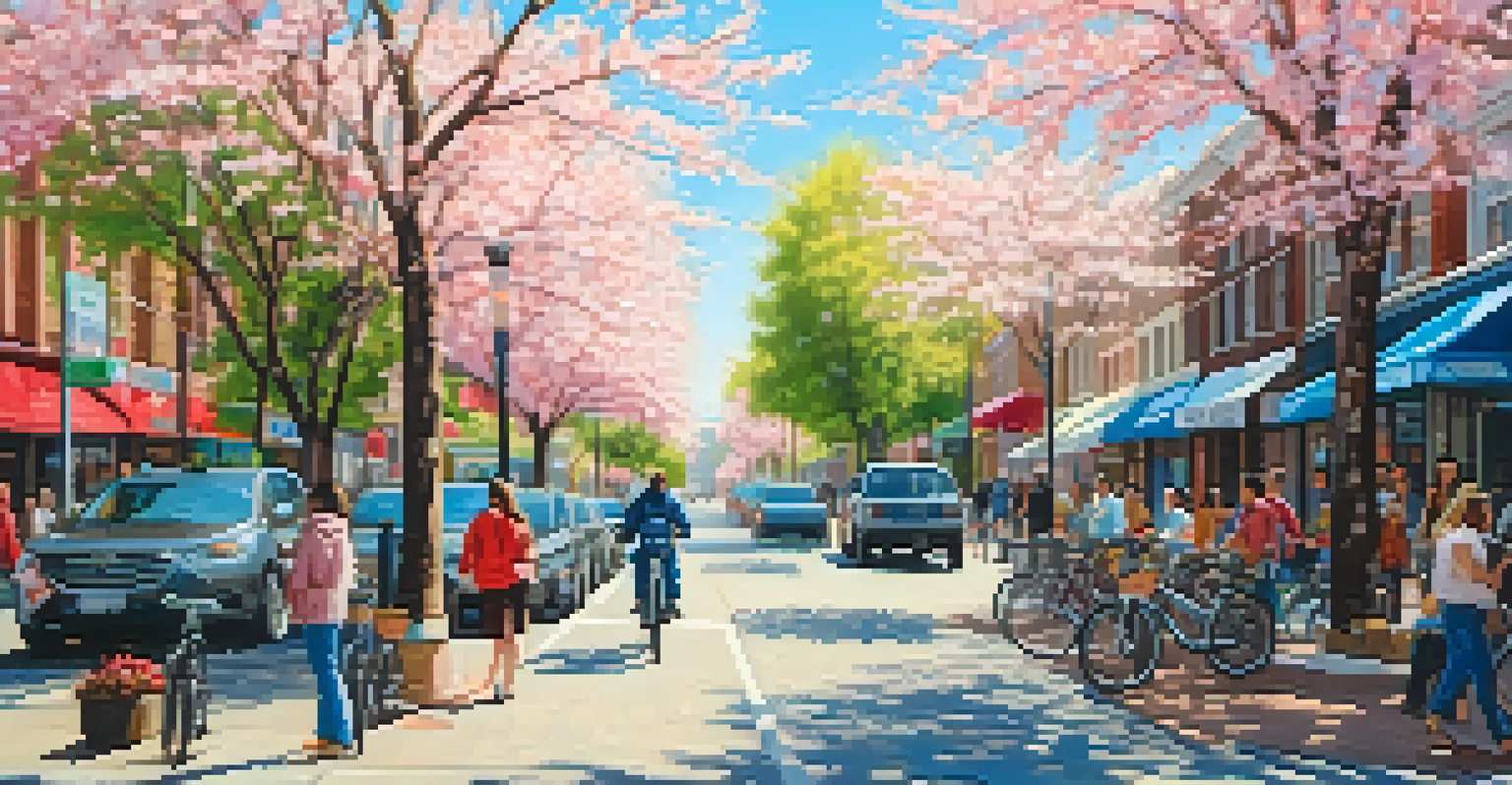A bustling city street adorned with cherry blossom trees, people enjoying the outdoors, and lively storefronts.