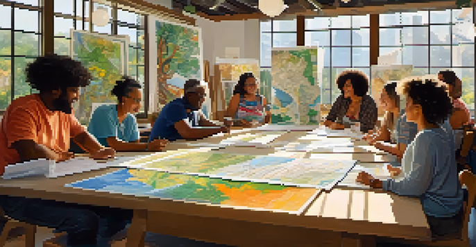 A diverse group of community members engaged in a workshop, discussing project plans with maps and documents on the table, illuminated by sunlight.