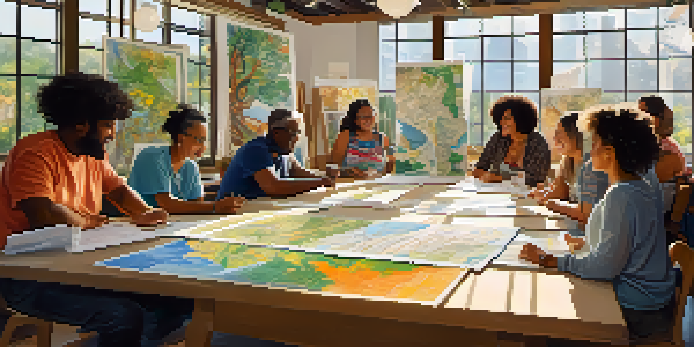 A diverse group of community members engaged in a workshop, discussing project plans with maps and documents on the table, illuminated by sunlight.