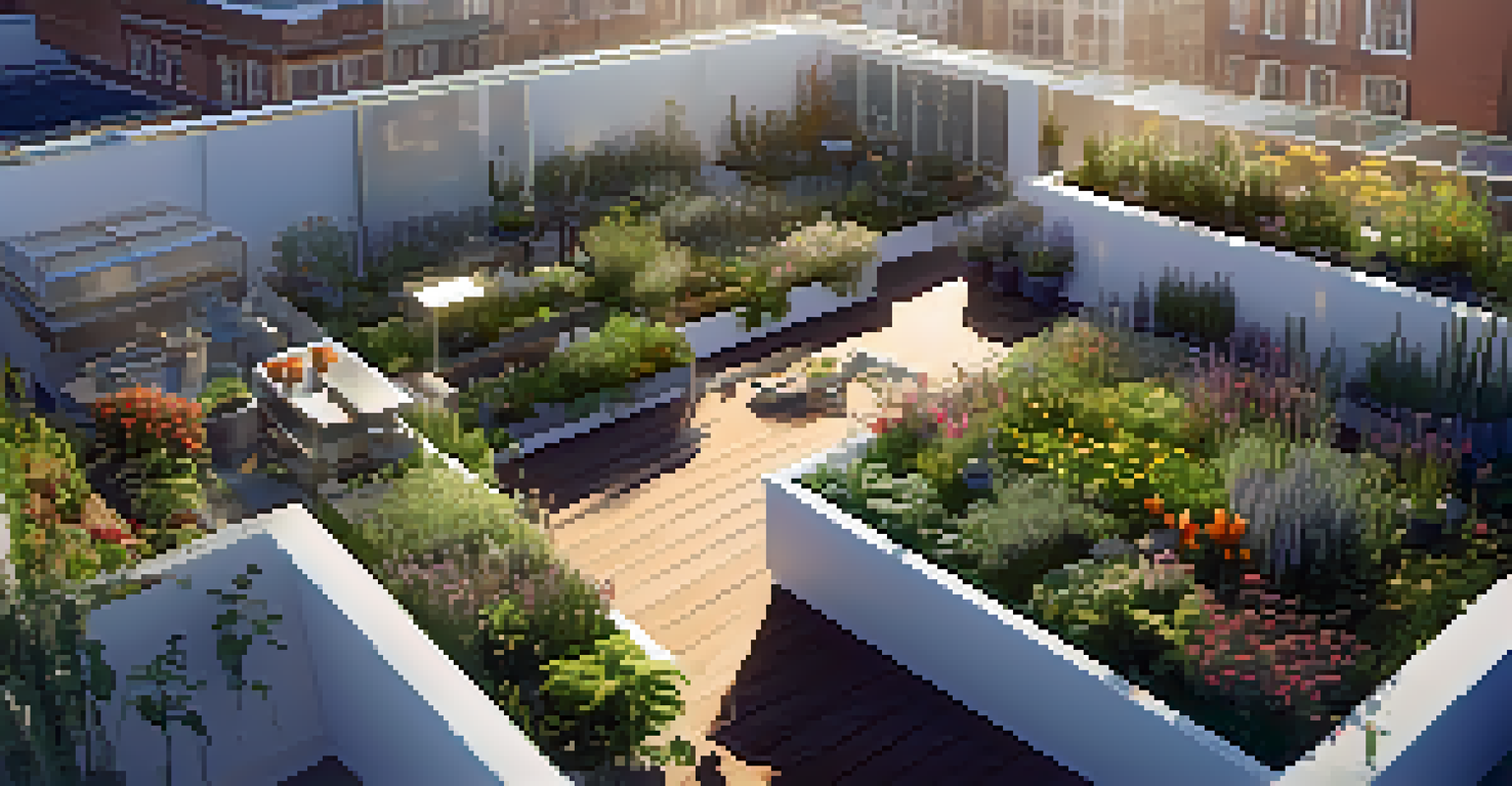 A rooftop garden with flowering plants and solar panels, showcasing a gardener tending to the plants in soft sunlight.
