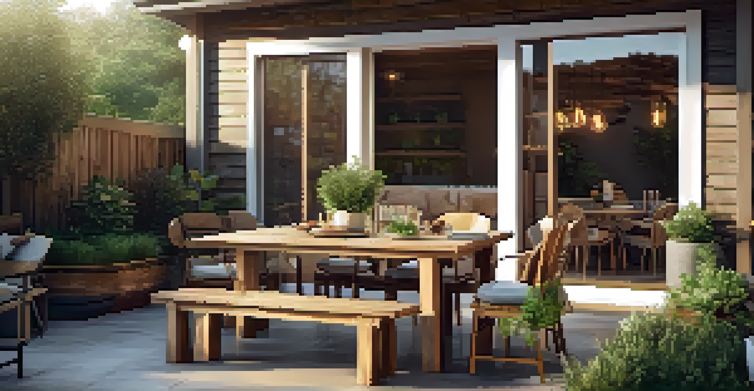 An outdoor patio with reclaimed wood furniture, potted plants, and warm golden hour lighting, perfect for gatherings.