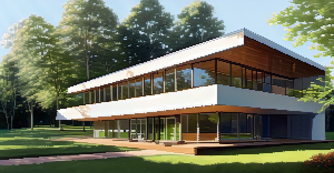 A modern building with large windows that face south, surrounded by trees and landscaping, showcasing a sustainable design.