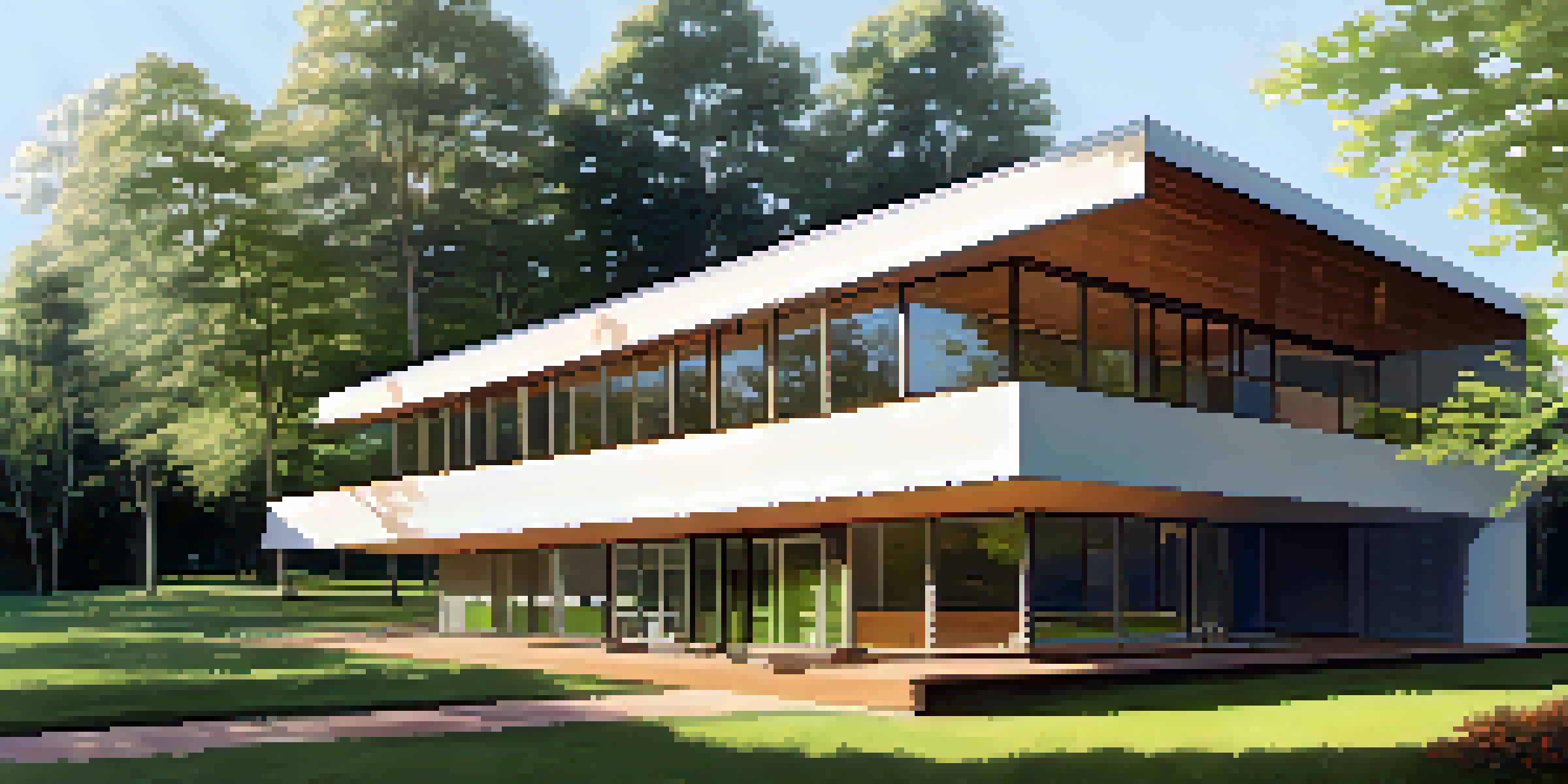 A modern building with large windows that face south, surrounded by trees and landscaping, showcasing a sustainable design.