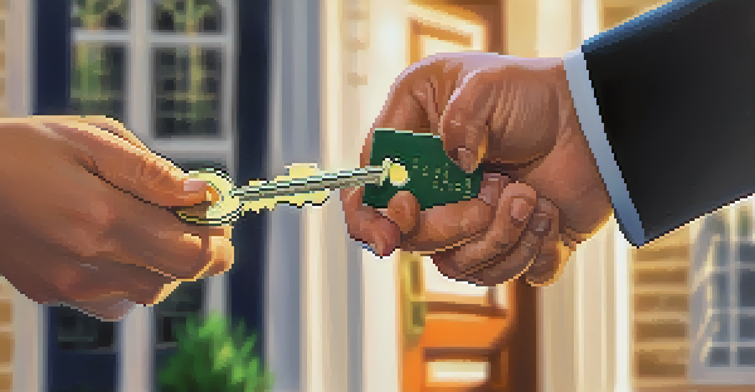 Hands exchanging keys in front of a welcoming home entrance.