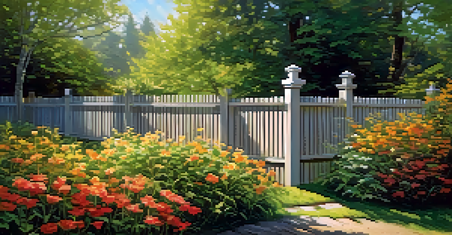 A rustic wooden fence blending harmoniously with a lush garden filled with flowers and trees, illuminated by soft sunlight.