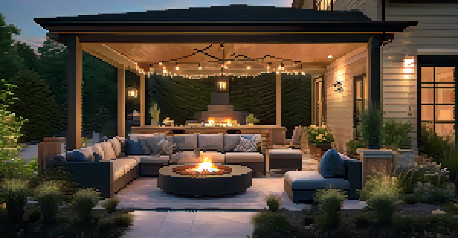 A cozy outdoor living space with a patio, fire pit, and ambient lighting surrounded by trees and plants, captured during twilight.