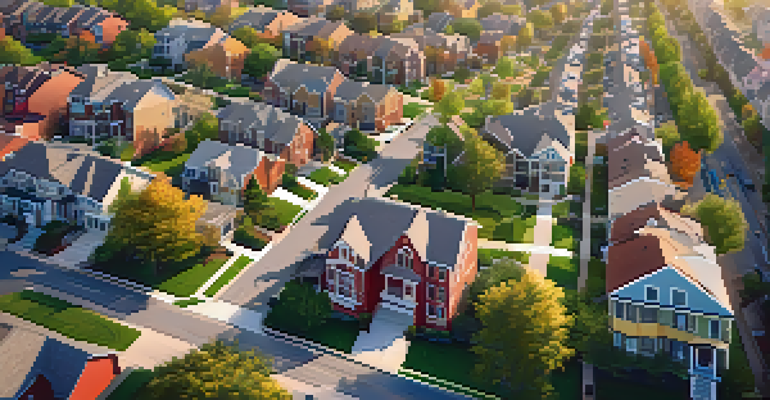 An aerial view of a diverse urban neighborhood with an overlay of interactive property value data.