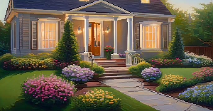 A colorful front yard with blooming flowers, a well-kept lawn, and a welcoming front door illuminated by soft outdoor lighting.