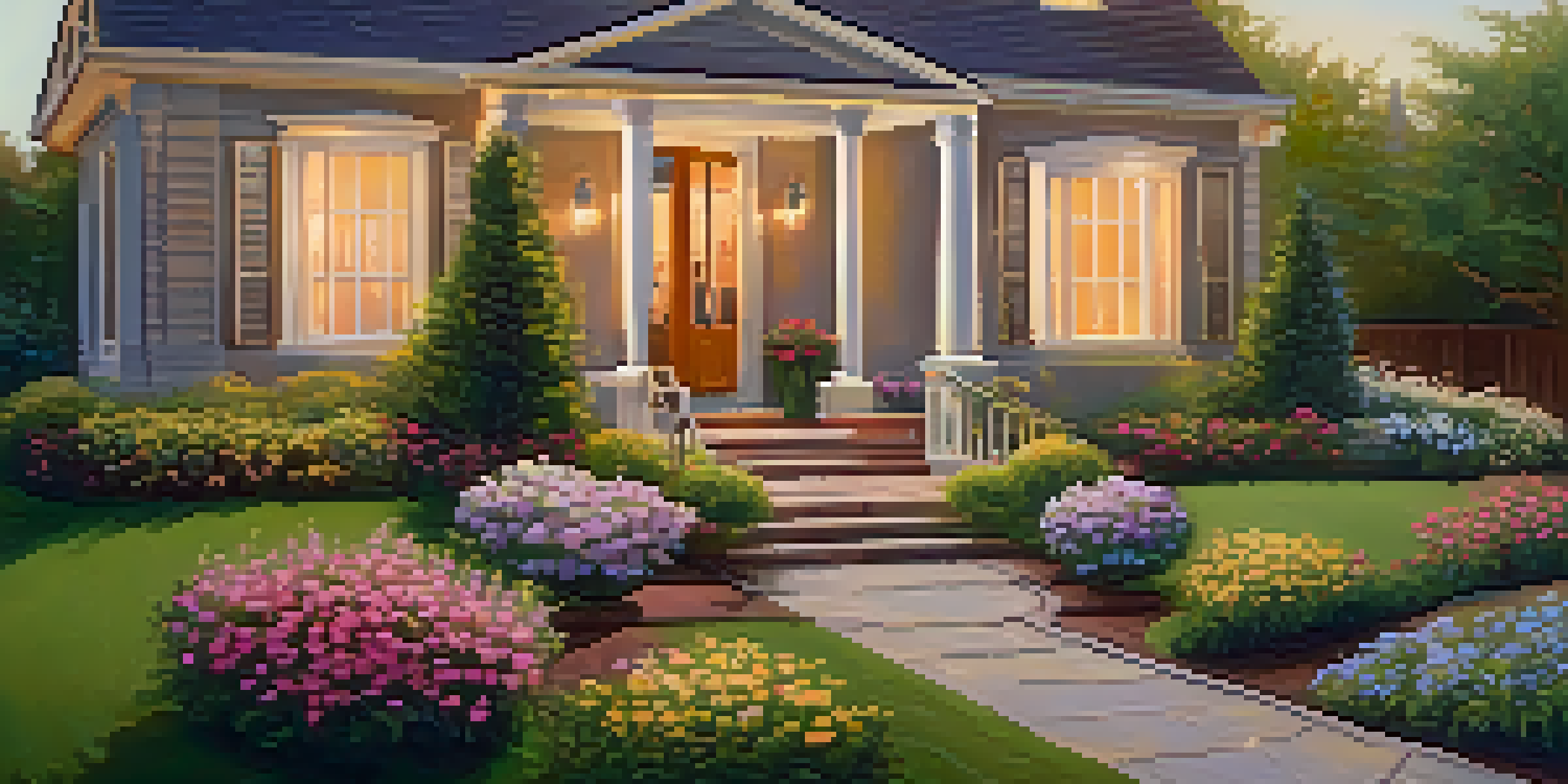 A colorful front yard with blooming flowers, a well-kept lawn, and a welcoming front door illuminated by soft outdoor lighting.