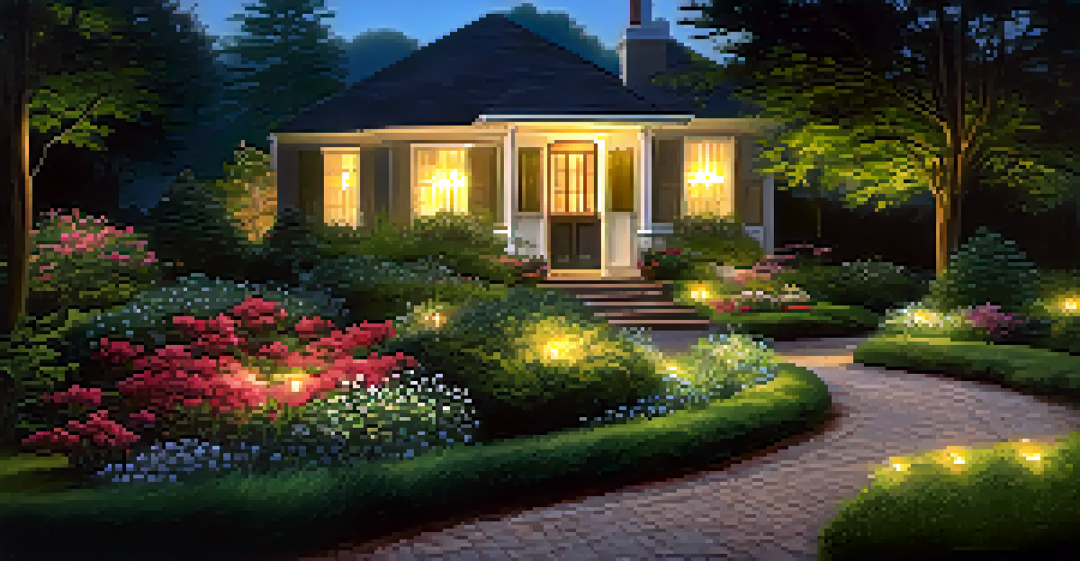 A beautifully lit garden at night, featuring path lights and spotlights illuminating lush plants and a charming house.