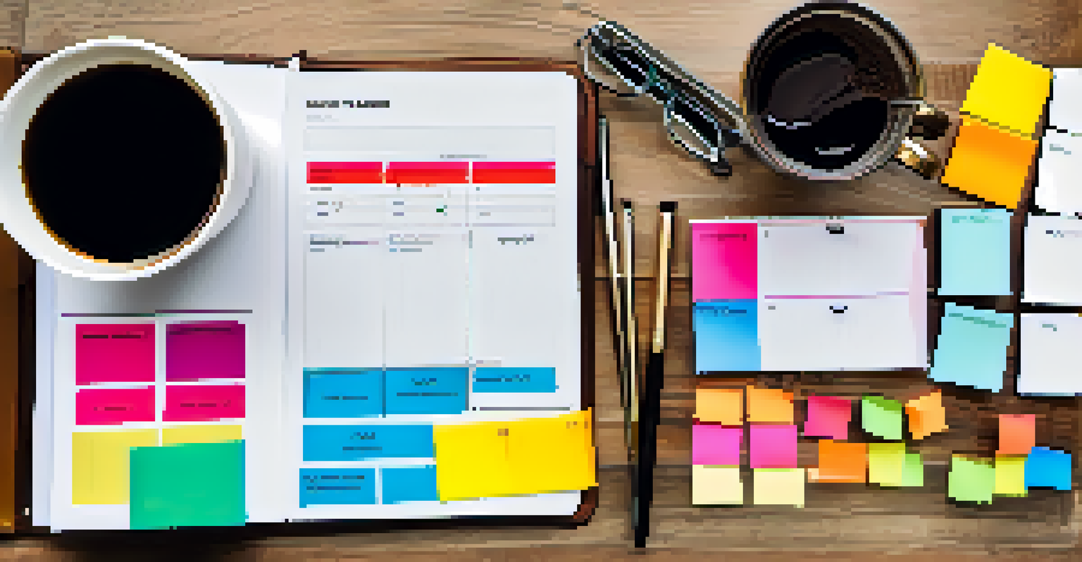 An overhead view of a renovation budget planner with colorful sticky notes, a calculator, and a cup of coffee on a wooden desk.