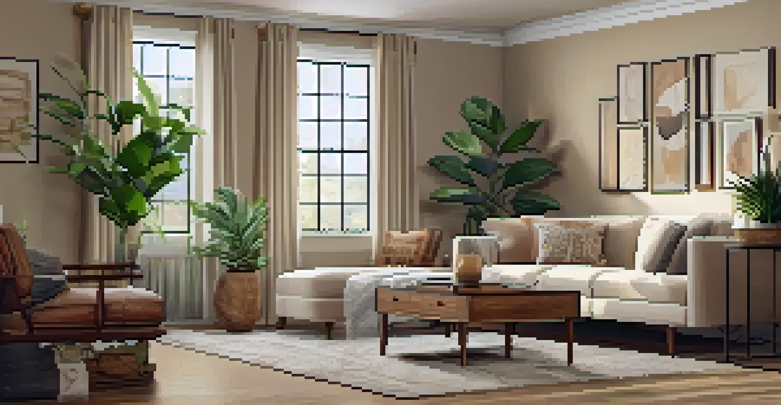 A cozy living room with a mix of modern and vintage furniture, warm beige walls, and decorative plants.