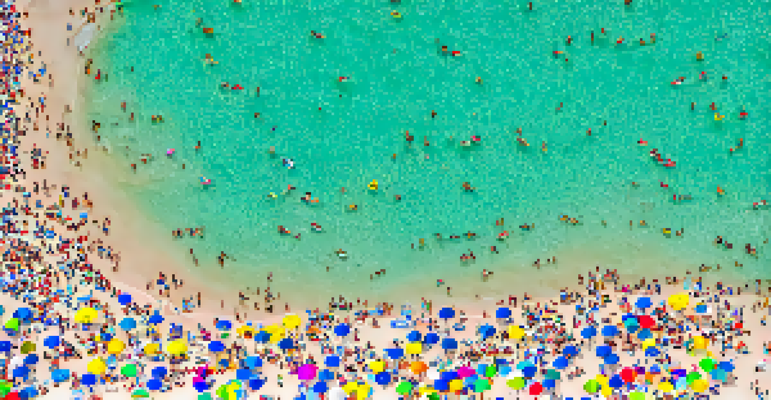 Aerial view of a lively coastal town in summer with beach umbrellas and ocean.