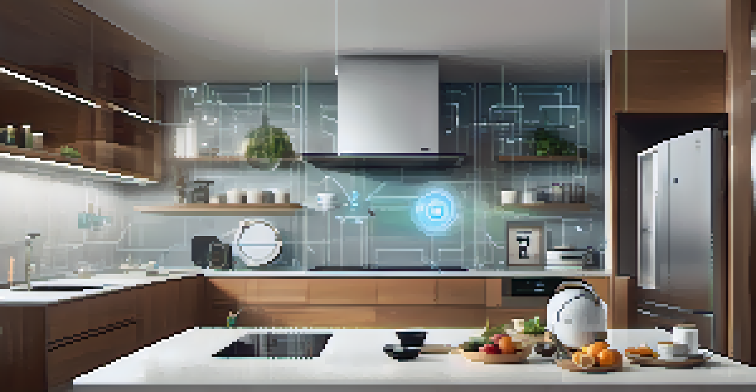 Illustration of interconnected smart home devices in a modern kitchen.