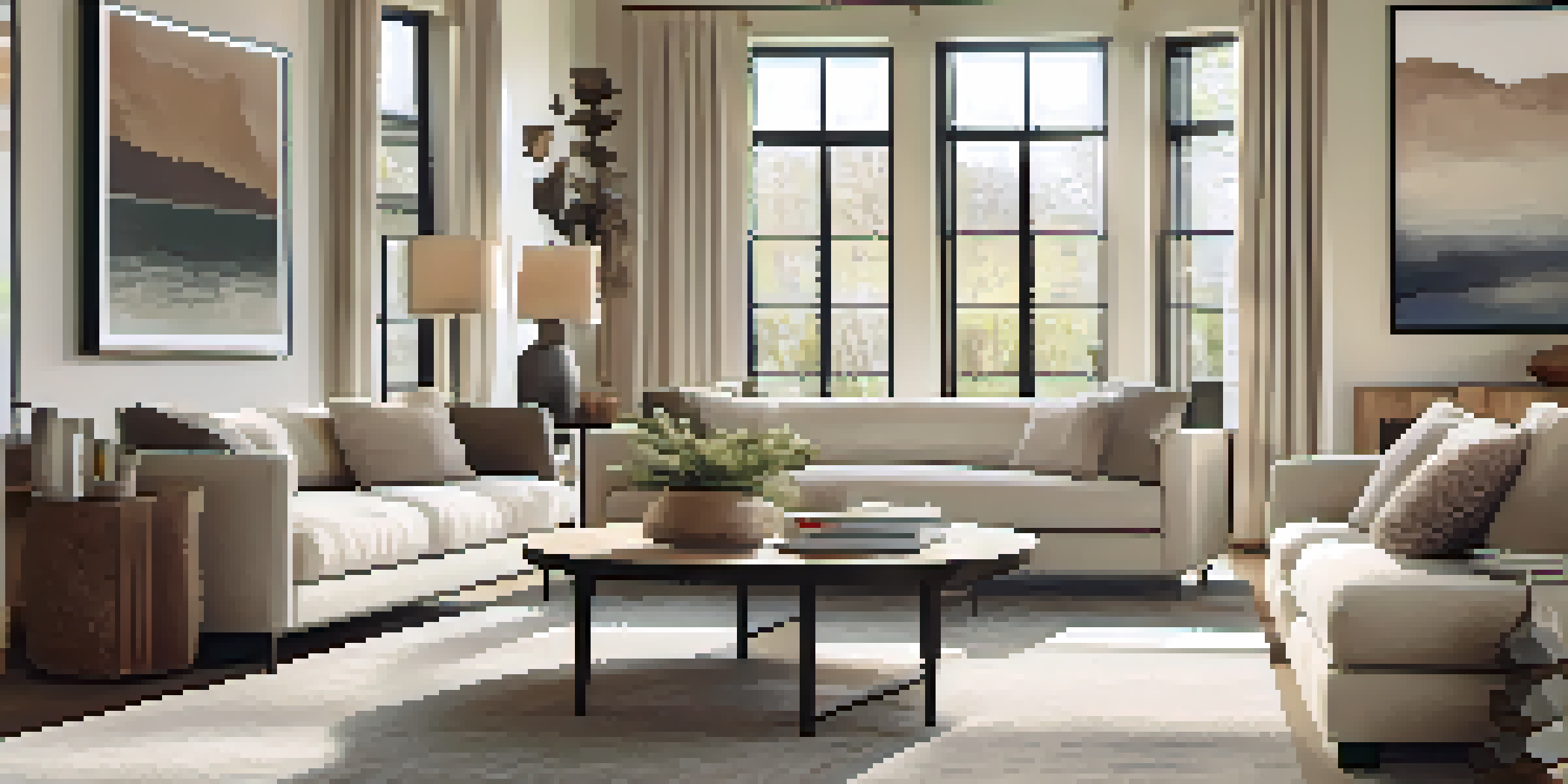A bright and inviting living room with a modern sofa, coffee table, and natural light from large windows, decorated in soft neutral tones and personal items.