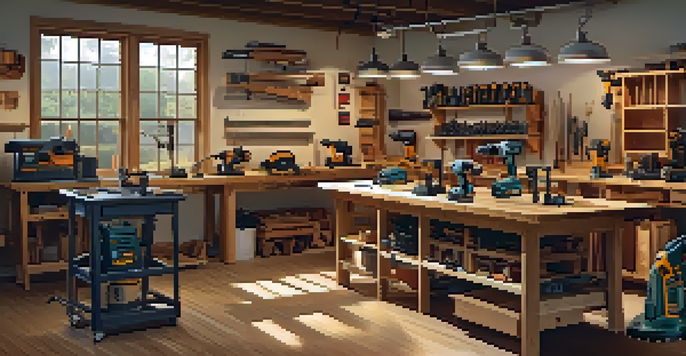 A workshop with power tools like a cordless drill, circular saw, and jigsaw on a wooden workbench, illuminated by warm lighting.