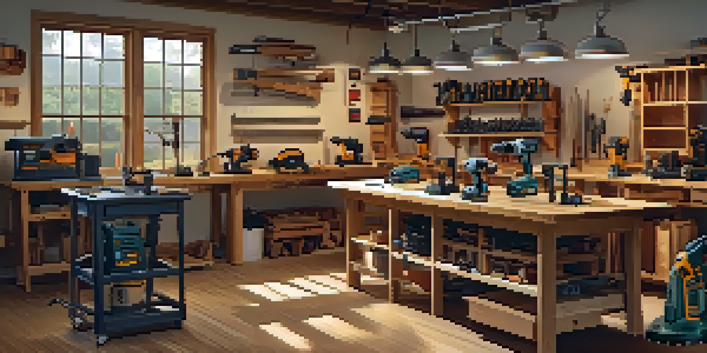 A workshop with power tools like a cordless drill, circular saw, and jigsaw on a wooden workbench, illuminated by warm lighting.