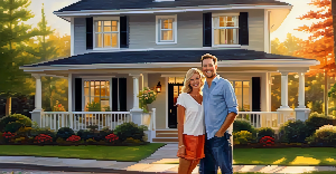 A couple celebrating in front of their new home with a 'Sold' sign.