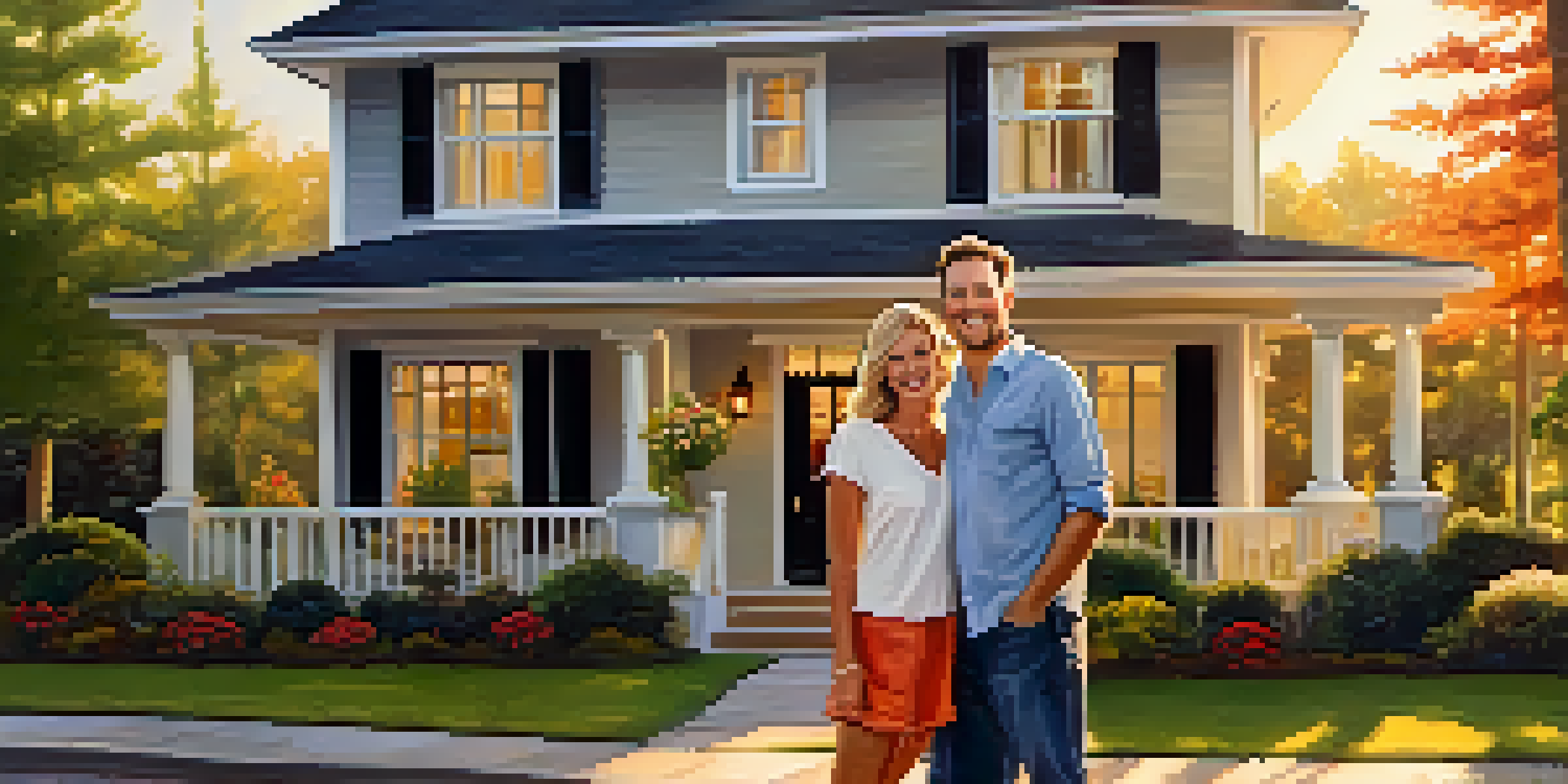 A couple celebrating in front of their new home with a 'Sold' sign.