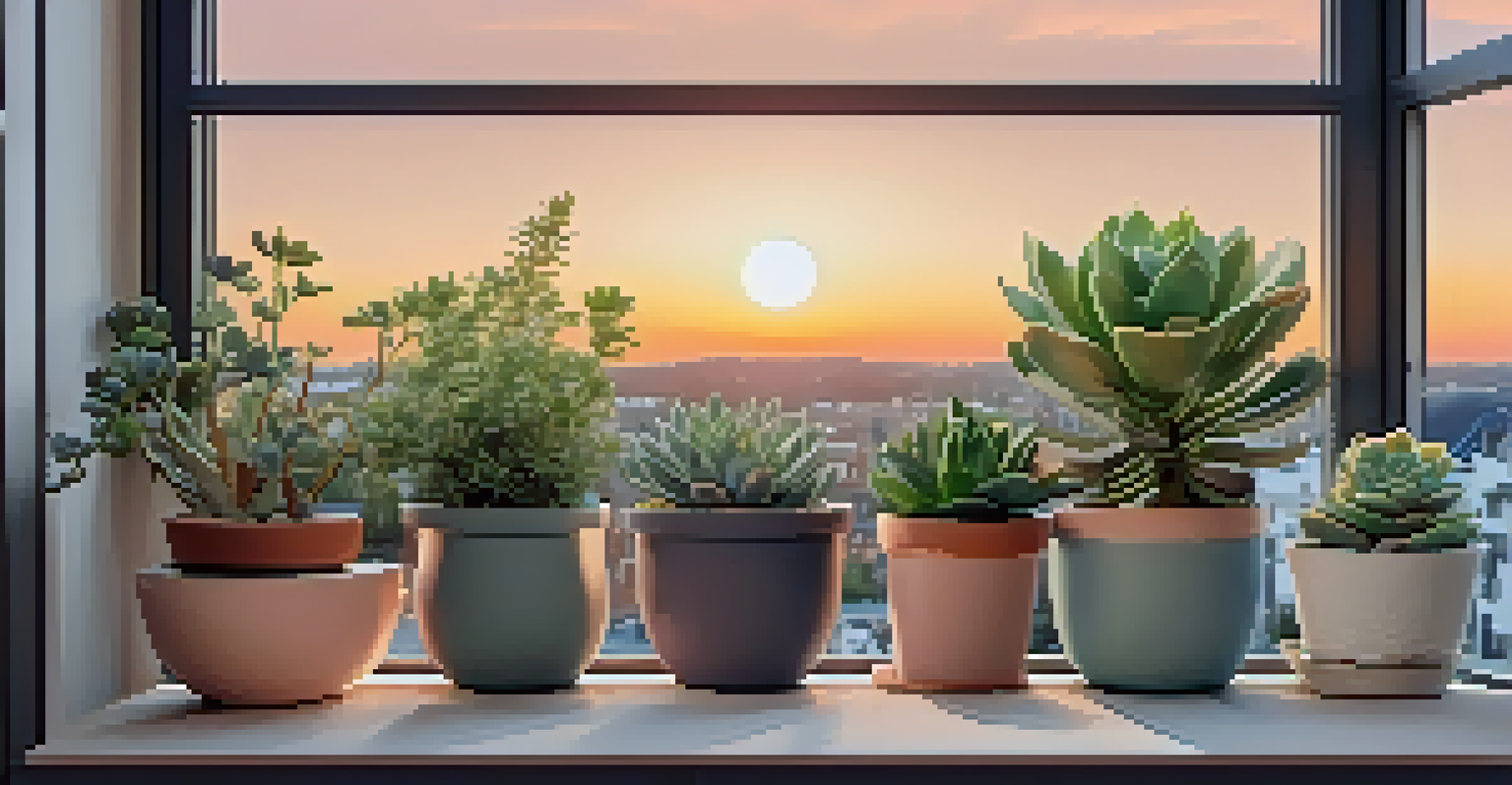A small balcony garden with diverse potted plants and fairy lights, set against a sunset sky, creating a tranquil atmosphere.