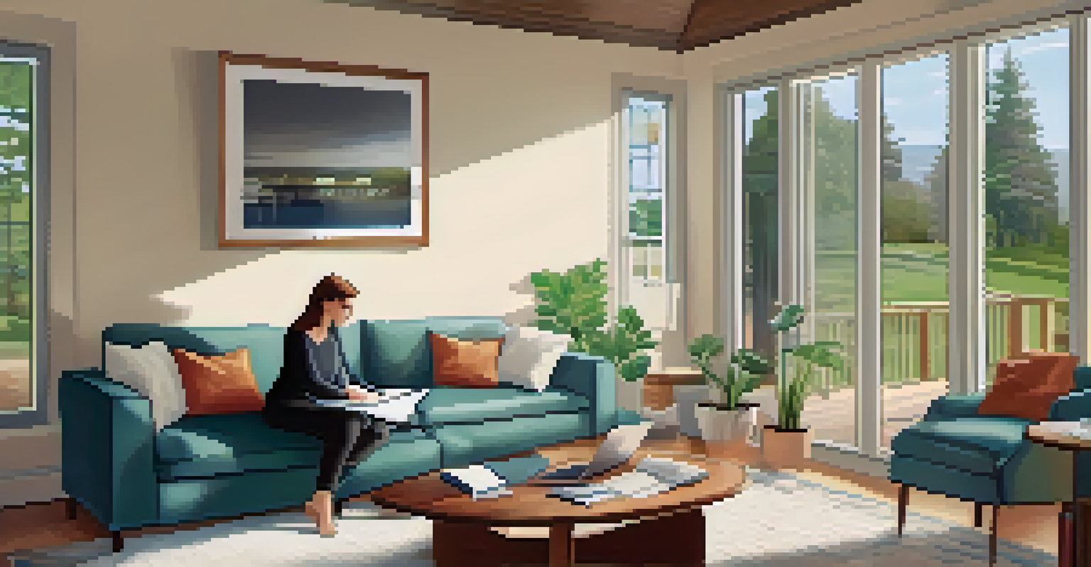 A cozy modern living room with paperwork and a laptop open to a real estate website, showing a person reviewing documents.