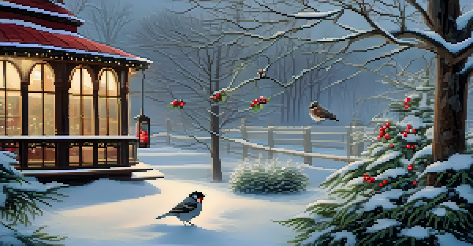 A winter garden with evergreen trees, red berries, and twinkling fairy lights in a snowy setting.