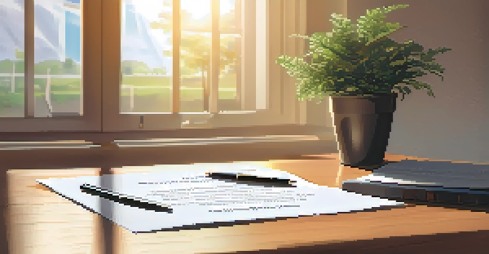 A lease agreement document on a wooden table, with a pen, glasses, and a potted plant, illuminated by sunlight.