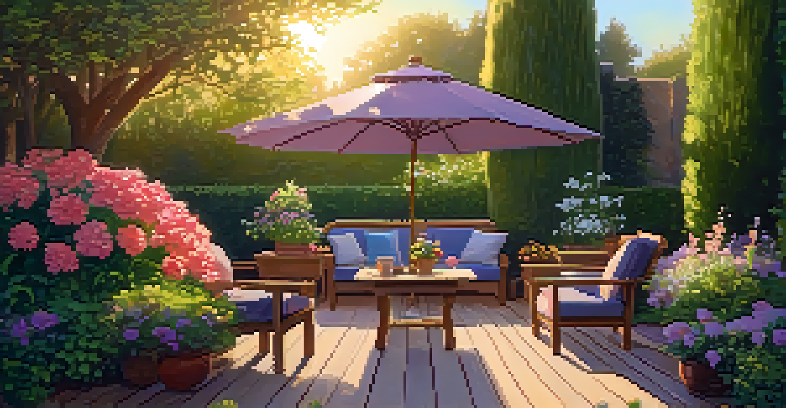 A tranquil backyard garden with colorful flowers and a wooden deck, illuminated by warm sunset light.