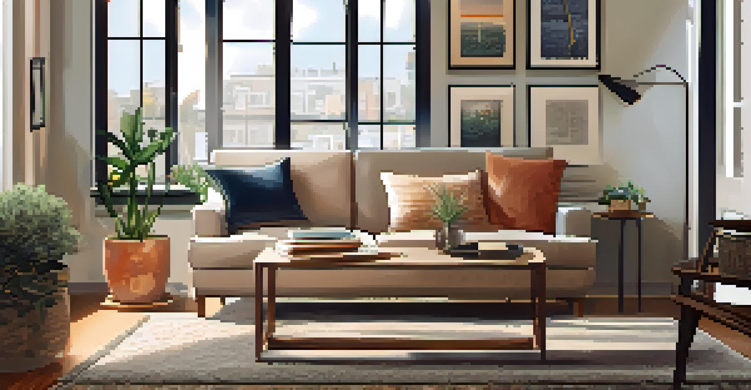 A cozy rental apartment interior with a stylish living room bathed in natural light.