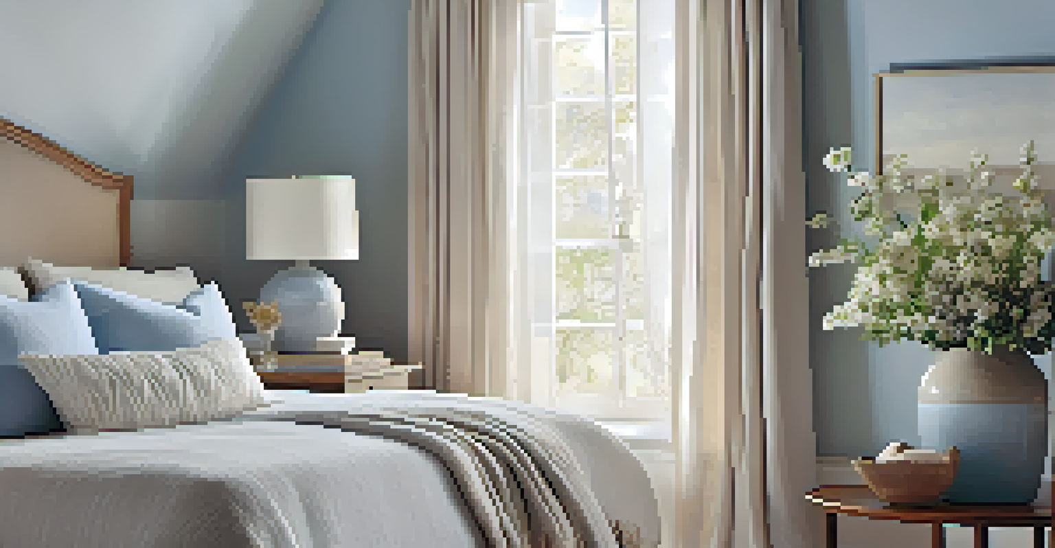 A serene bedroom with soft colors, plush bedding, and natural light.