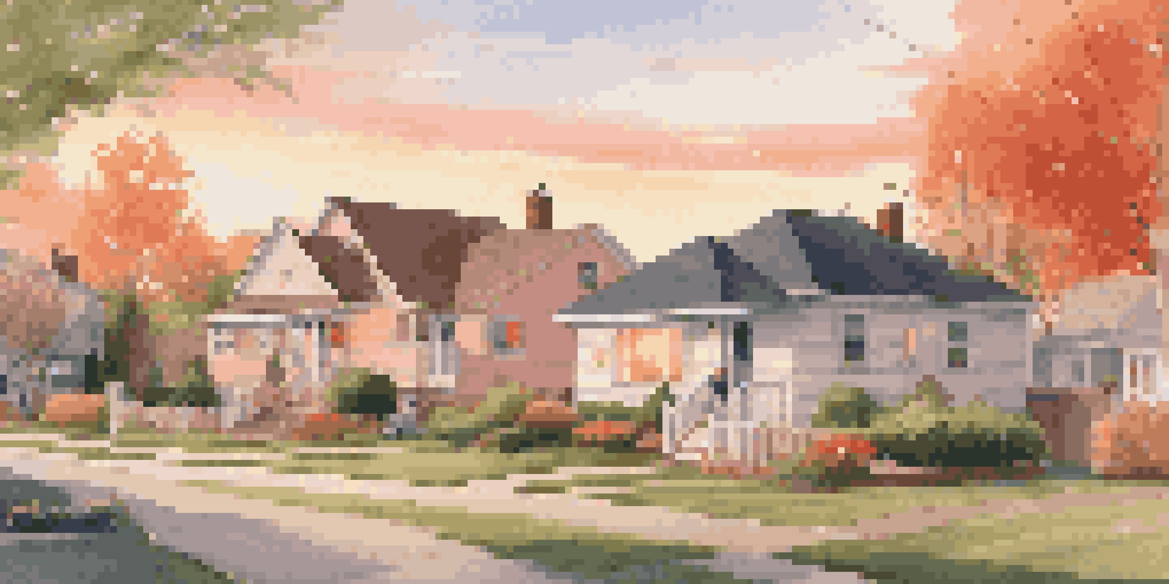 A picturesque suburban neighborhood during sunset with various homes and a family working in the yard.