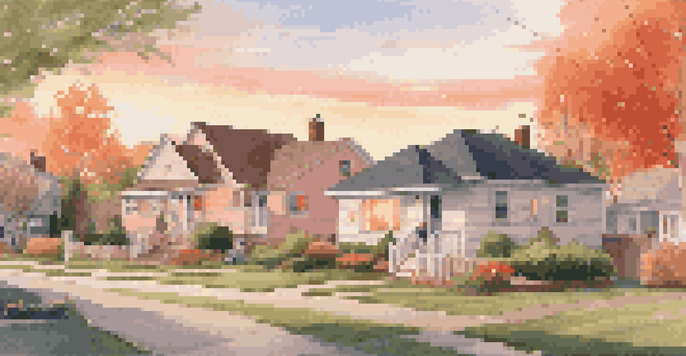 A picturesque suburban neighborhood during sunset with various homes and a family working in the yard.