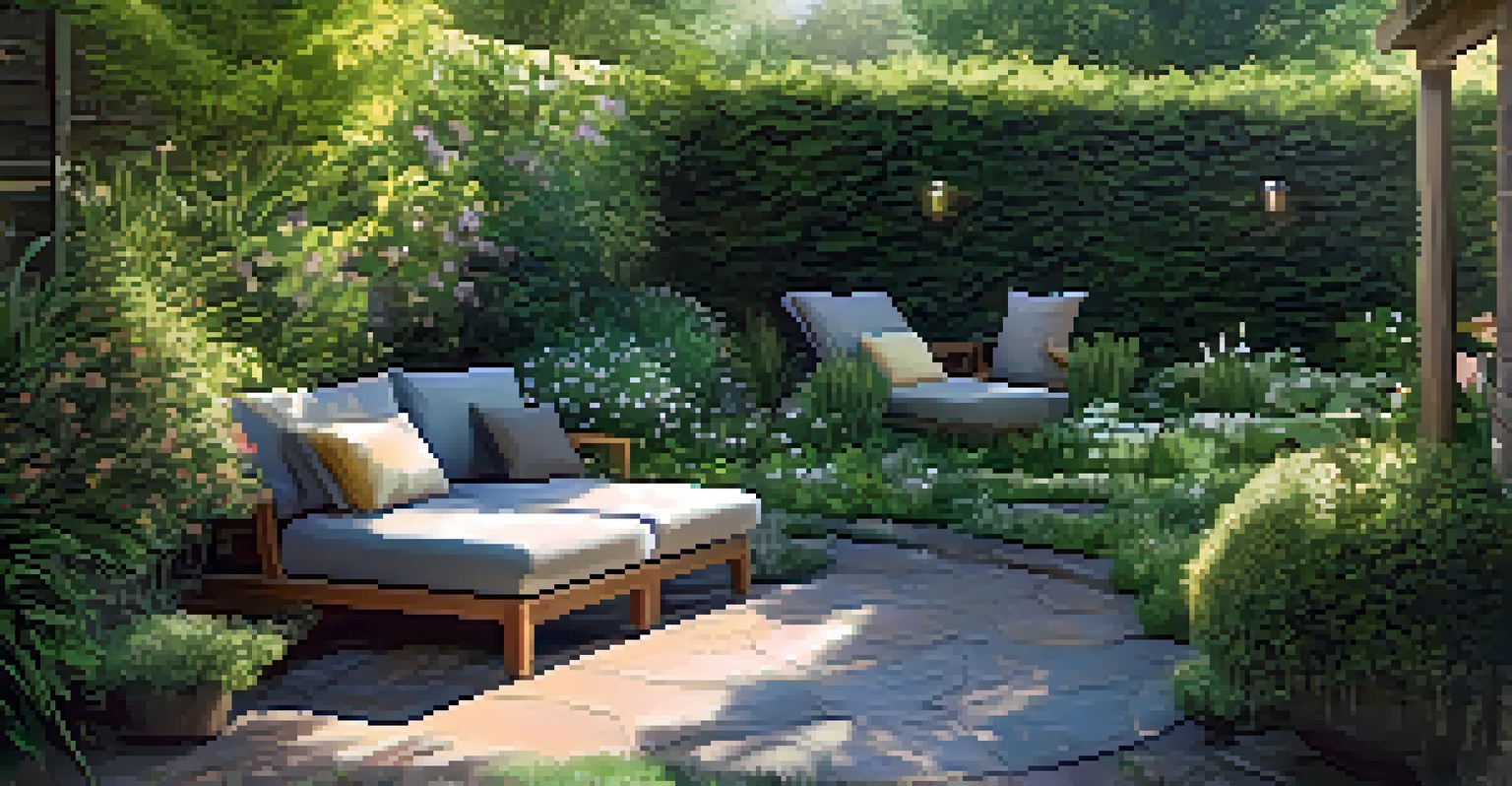 A serene backyard garden with trees and shrubs creating natural barriers, featuring a cozy seating area among the greenery.