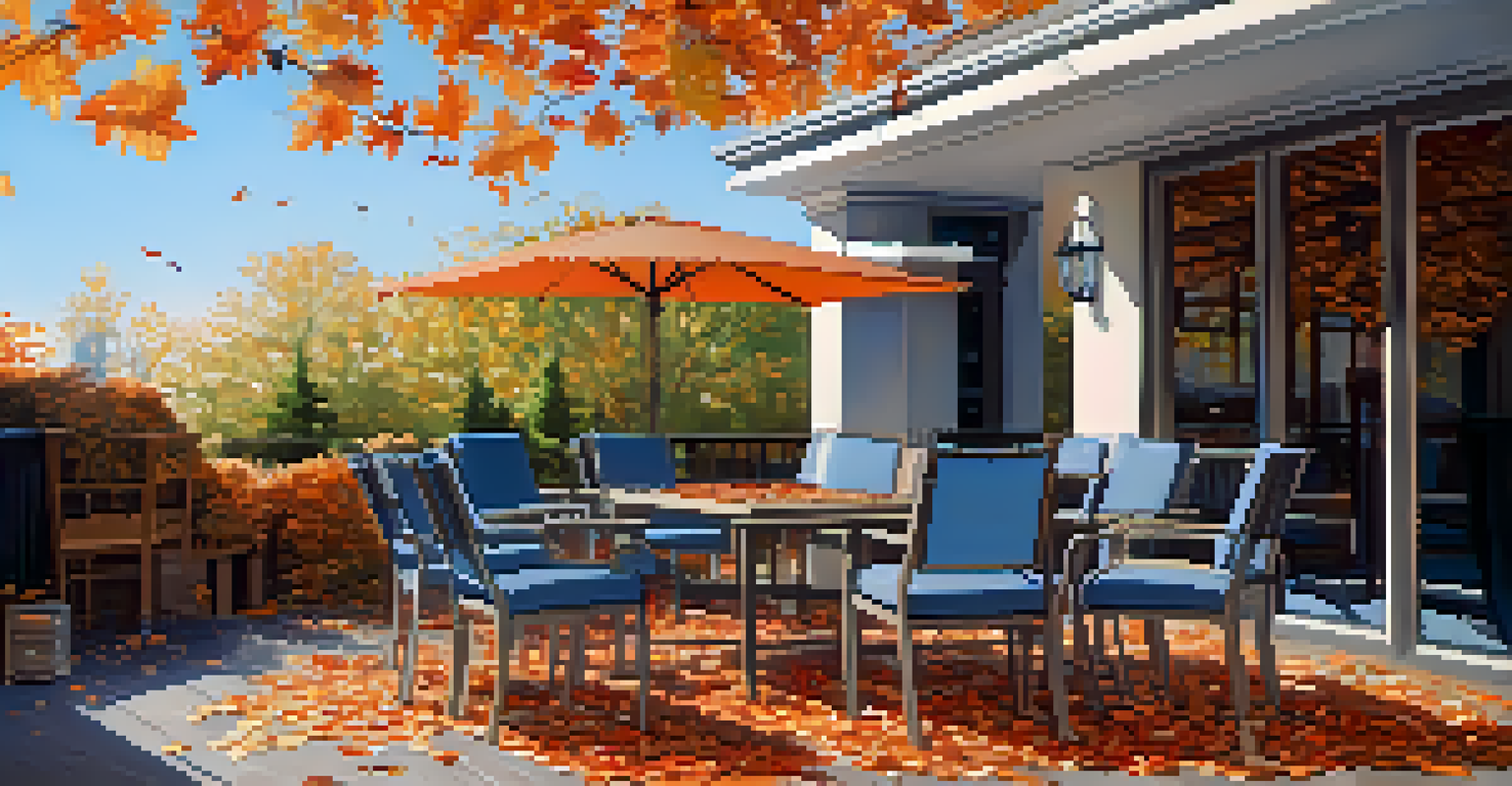 An outdoor patio with covered furniture, fallen leaves, and a patio heater, showcasing the preparation for winter.