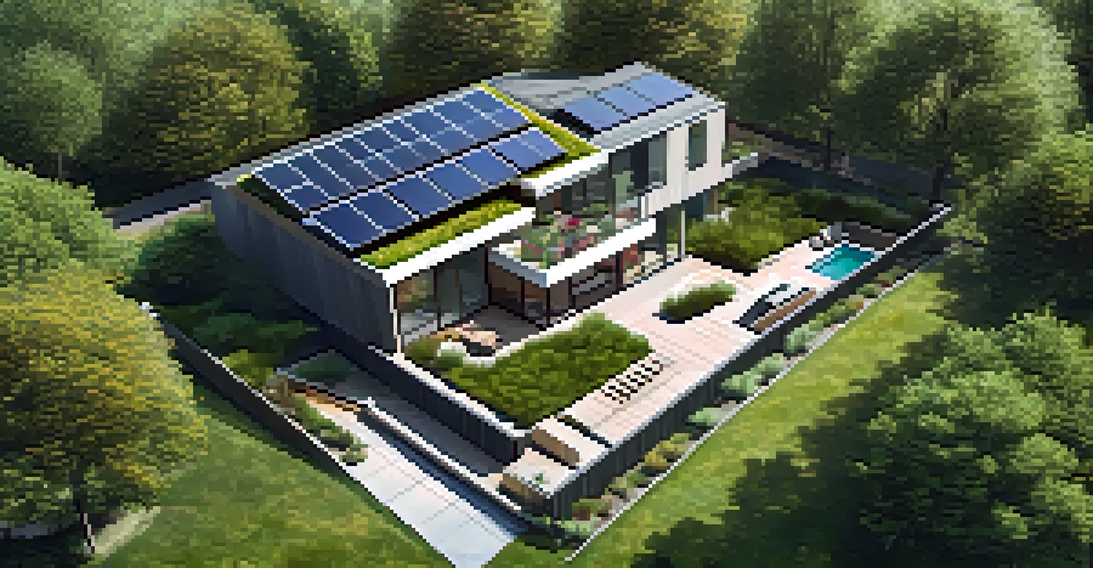 Aerial view of a modern home with solar panels and strategically placed trees in a landscaped yard.