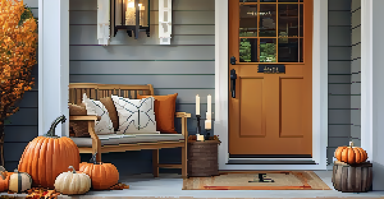 A cozy entrance with a rustic wooden bench, seasonal decorations like pumpkins, and soft lighting from wall sconces.