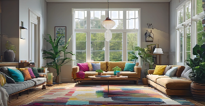 A bright and cozy living room with a sofa, coffee table, and plants, illuminated by natural light.