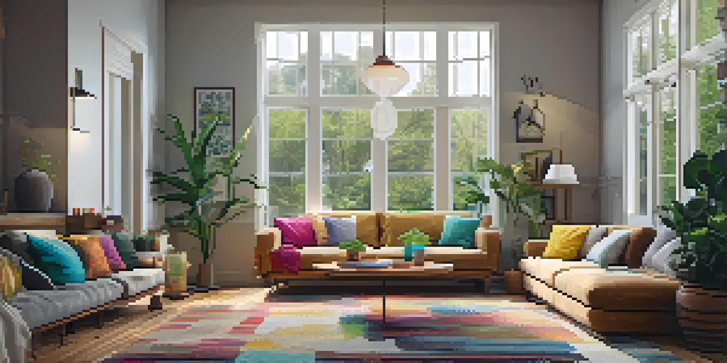 A bright and cozy living room with a sofa, coffee table, and plants, illuminated by natural light.